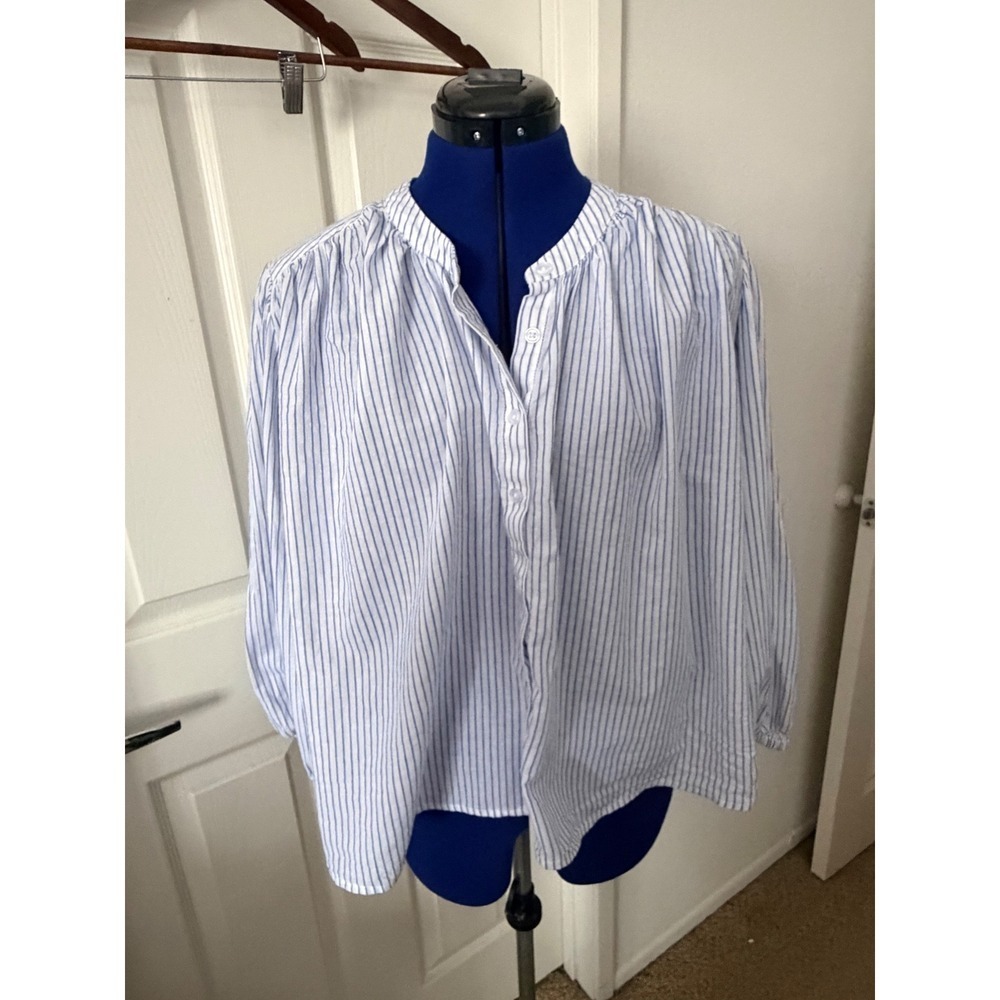 Free Assembly Women XL Blue White Striped Cotton Button Front Blouse - Picture 5 of 5